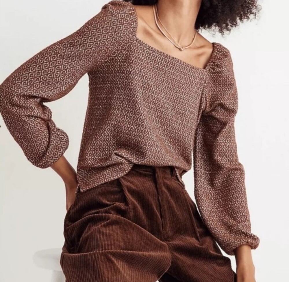 Madewell Jacquard Puff Sleeve Crop Top XXS Brown Square Neck Cotton Blend NWT
